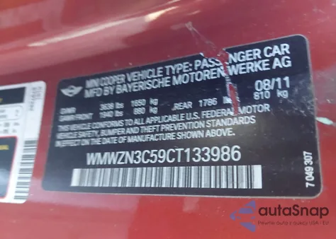 2012 Mini Cooper z USA, uszkodzony, nr VIN WMWZN3C59CT133986